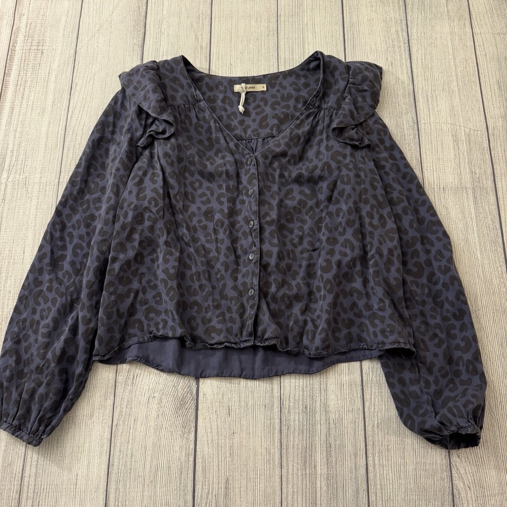 Marine Layer Rory Blouse Top Small Fairy Leopard Silky Ruffle V Neck Womens S
